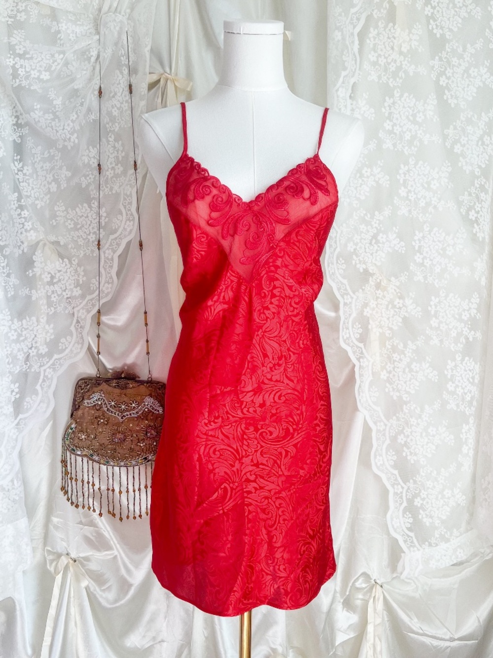 Vintage Val Mode Red Jacquard Peignoir Set